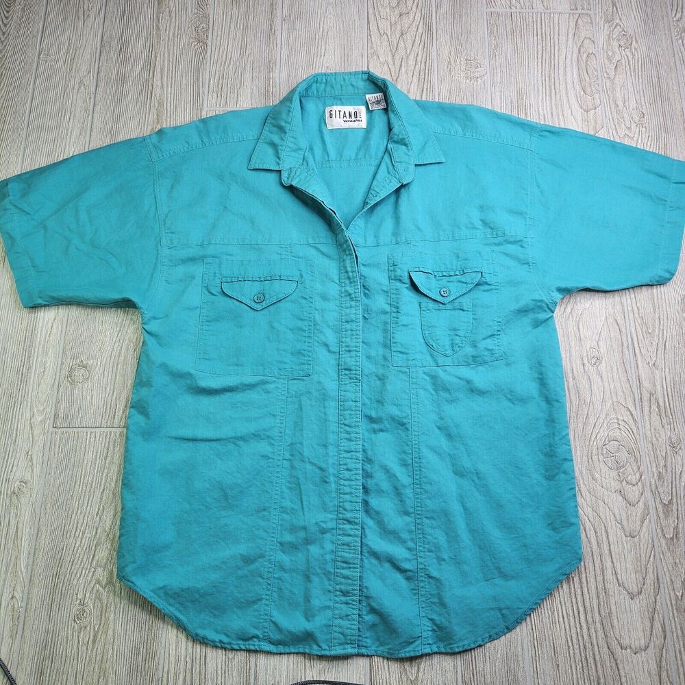 Vintage 80's Gitano Woman Teal Short Sleeve Button Up Size 40/20W